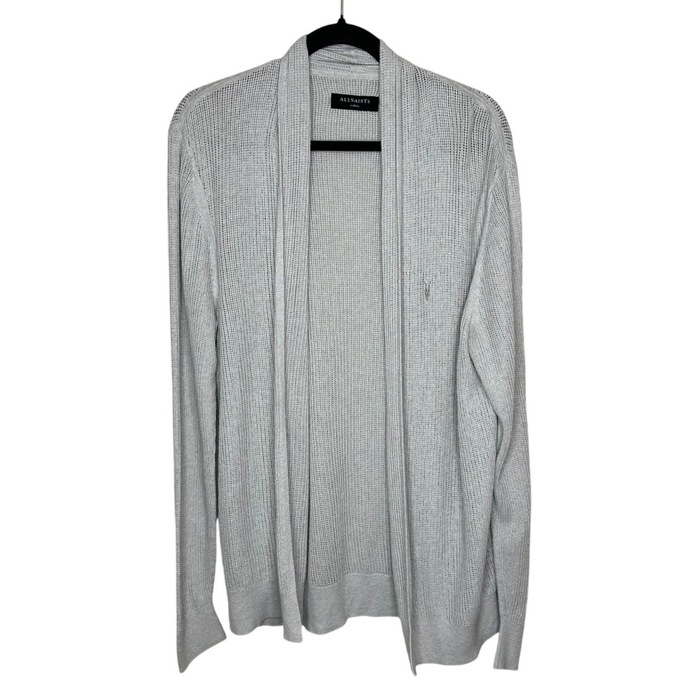 ALLSAINTS Stein Cardigan Sweater Mens L Gray Waffle Knit Open Front Ramskull EUC